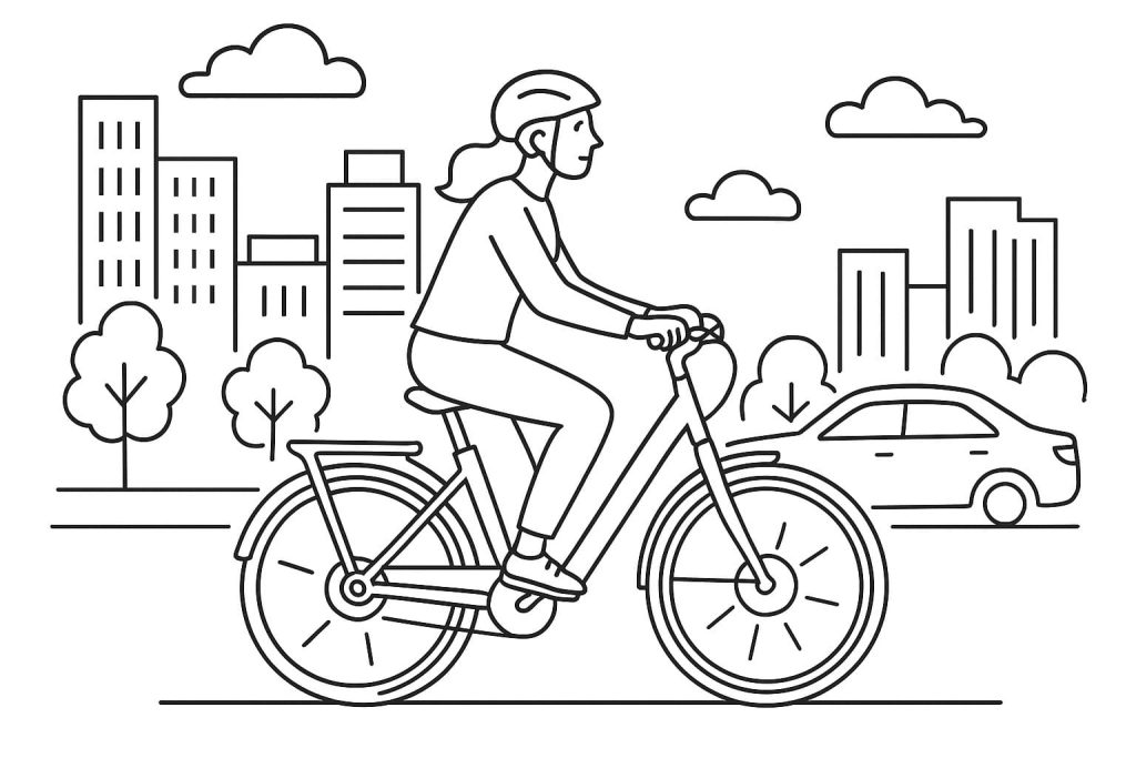 L’immagine è una illustrazione che raffigura una donna che pedala su una e-bike in un contesto urbano: sullo sfondo si intravedono palazzi moderni, alberi e un’auto, elementi che sottolineano il contrasto tra la mobilità sostenibile della bici elettrica e il traffico cittadino. La scena trasmette un senso di movimento, equilibrio e serenità, evidenziando l’e-bike come alternativa ecologica e moderna al trasporto tradizionale. L’assenza di colori vivaci rende il disegno elegante e facilmente adattabile a materiali informativi, campagne ambientali o progetti grafici sulla mobilità sostenibile.